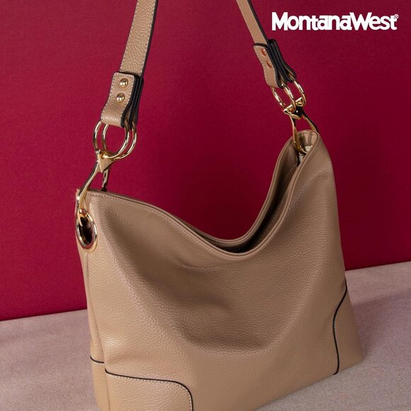 Women's Tan Satchel Bucket Top Wide Handle Elegant Stylish Shoulder Hobo Bag - Picture 6 of 8